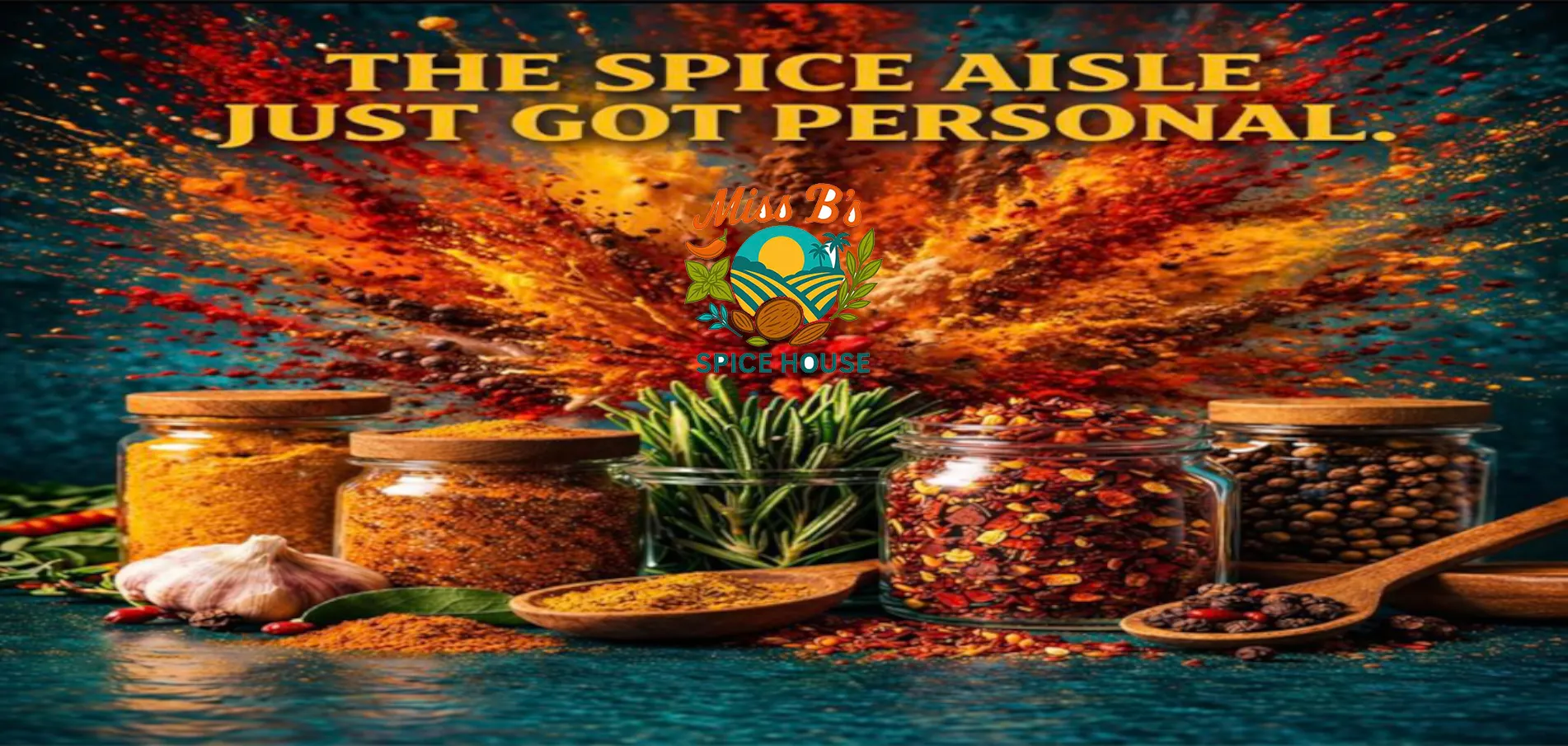 Miss B’s Spice House hero banner with vibrant spices and the tagline “The spice aisle just got personal”